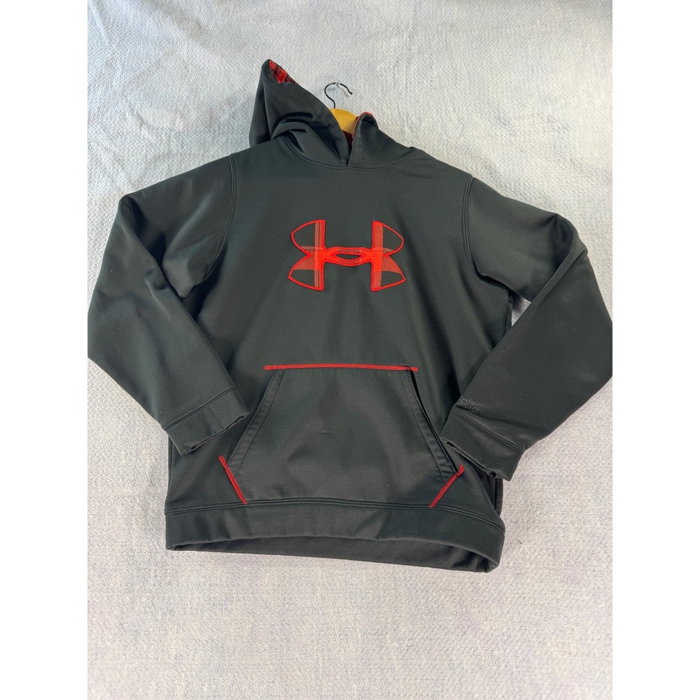 Under Armour Storm Hoodie Youth XL Black Red Plaid Logo Fleece Sweatshirt